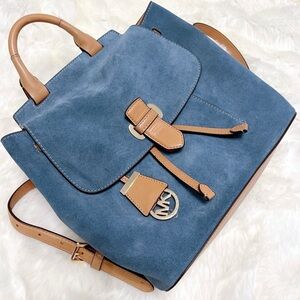 Michael Kors Blue Suede Backpack with Tan Leather Trim
